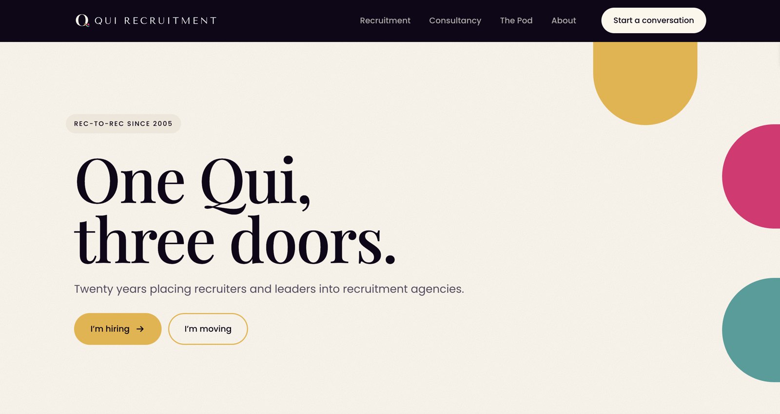Qui Recruitment homepage, built by Bristow & Hardy